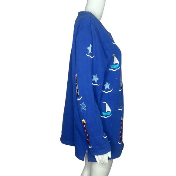 Quacker Factory Sweater Womens Medium Cardigan Blue Lighthouses Nautical Vintage - Picture 2 of 7